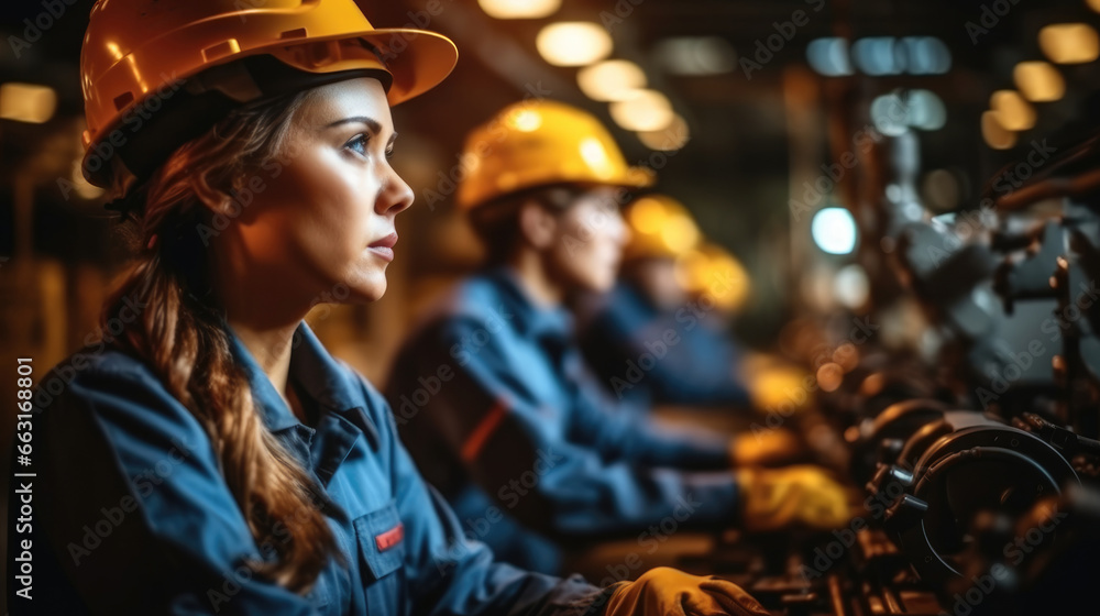 Fototapeta premium Engineer woman with team full skill quality for maintenance are working in industry factory.