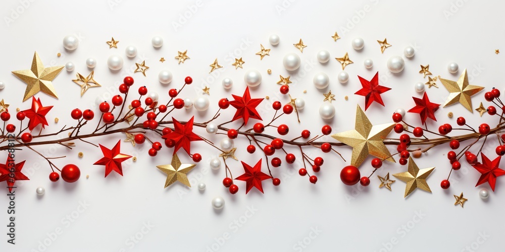 Christmas composition, gifts or present, red decorative, pine branches, cherry, gold stars, gristers on white background. xmas Christmas composition, gifts or present, red decorative, pine branches, cherry, gold stars, gristers on white background. xmas