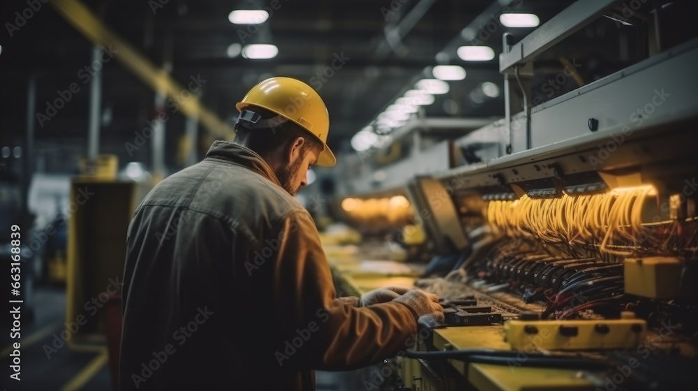 Worker is working in an electrical appliance big factory. Worker is working in an electrical appliance big factory.