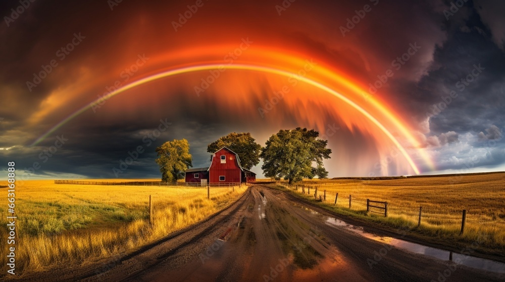 a beautiful, colorful rainbow against the background of a dangerous, stormy sky over a rural farm AI Generated 