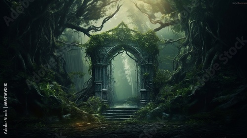Photographie Archway in an enchanted fairy forest landscape, misty dark mood, can be used as