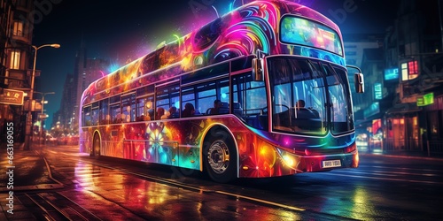 Colorful neon bus on the street with colorful lights.
