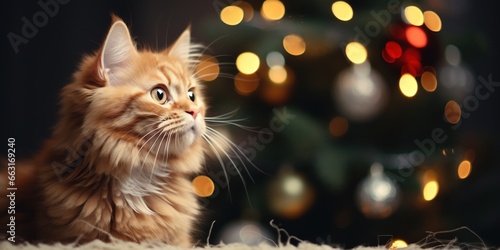 .Cute red cat on the background of a Christmas tree with copy space