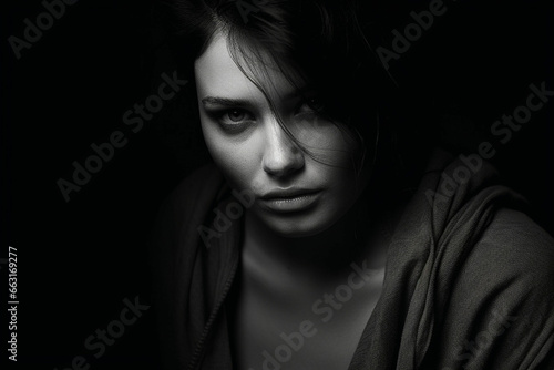 dark black and white portrait of young woman looking at camera, intense, emotional