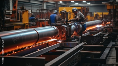 Fotografia Steel pipe internal seam welding by longitudinal tack welding machine in heavy industrial plants