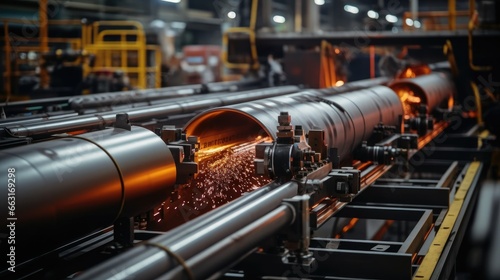 Steel pipe internal seam welding by longitudinal tack welding machine in heavy industrial plants. photo