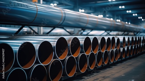Steel pipes in warehouse at manufacturer factory.