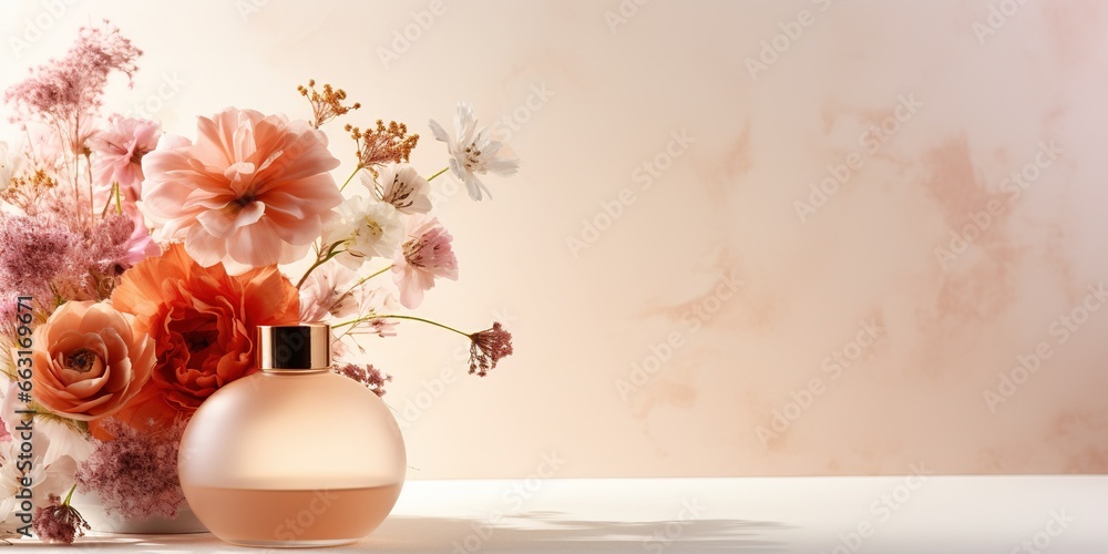 Empty perfume bottle mockup on light background with different flowers for cosmetic branding. Empty perfume bottle mockup on light background with different flowers for cosmetic branding.