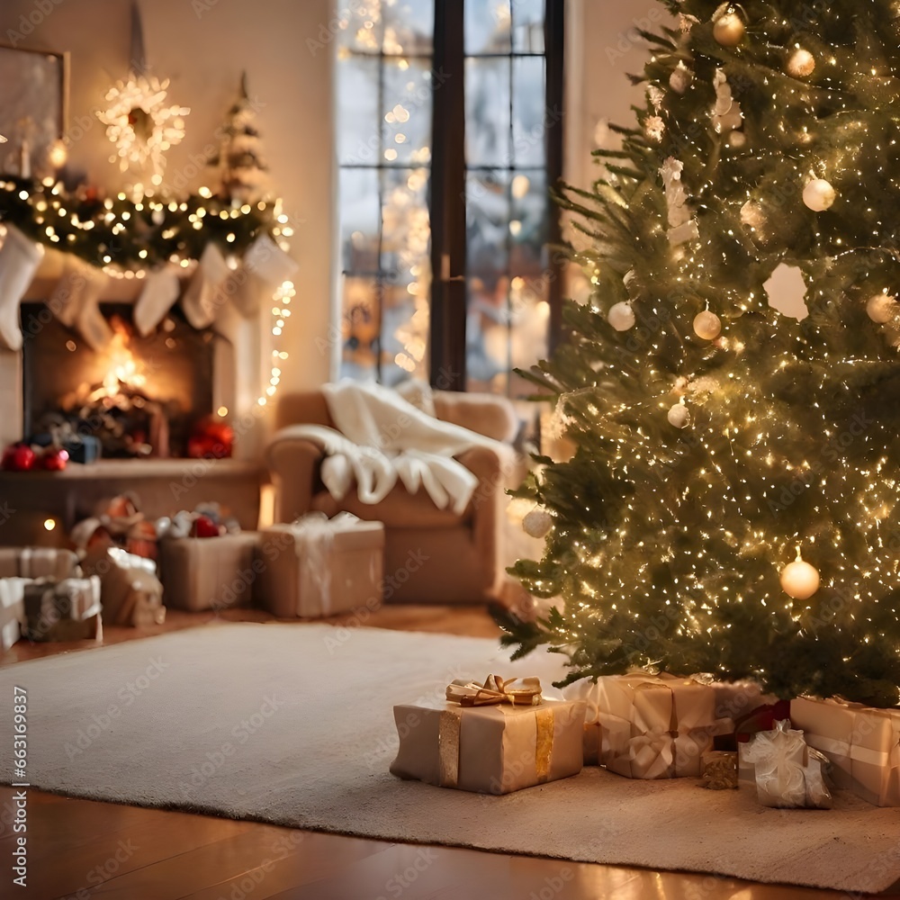 Obraz premium Christmas gifts and tree decorations close-up shot with bright illumination near a fireplace on a light wooden table home decor, New Year background.