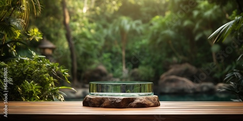 Empty round glass podium on wooden table opposite beautiful tropical landscape background with waterfall. Scene stage showcase for beauty and spa products, cosmetics, promotion sale or advertising