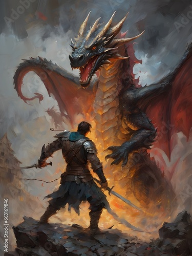 A man faces a huge dragon.