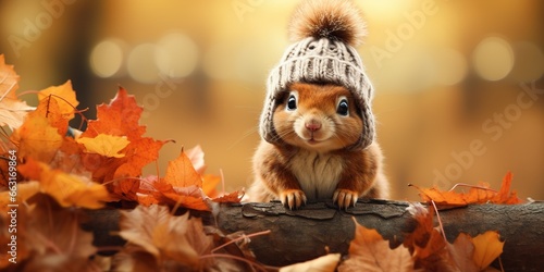 Fall season card with cute squirrel with knitted hat on blurred autumn park landscape background with copy space. Autumn character.