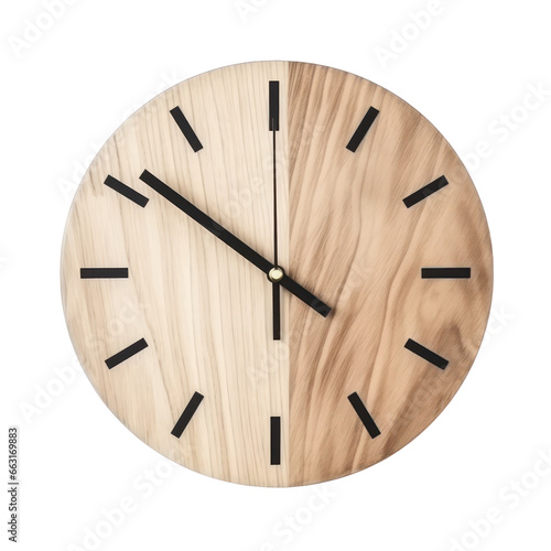 Wooden clock isolated on transparent background,transparency 