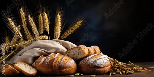 Food banner with home made natural breads. Fresh loafs of bread with ears of rye and wheat on a black background with copy space.