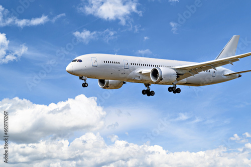 Boeing 787-8 Dreamliner passenger plane landing at the airport, under a blue sky with white clouds photo