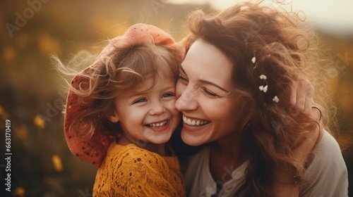 Happy mother having fun with her daughter outdoor - Family people and love concept - Focus on mum face. AI Generated