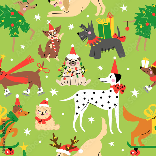 Seamless pattern with Cute cartoon dogs wearing different Christmas outfits. Hand drawn vector illustration. Funny xmas green background.