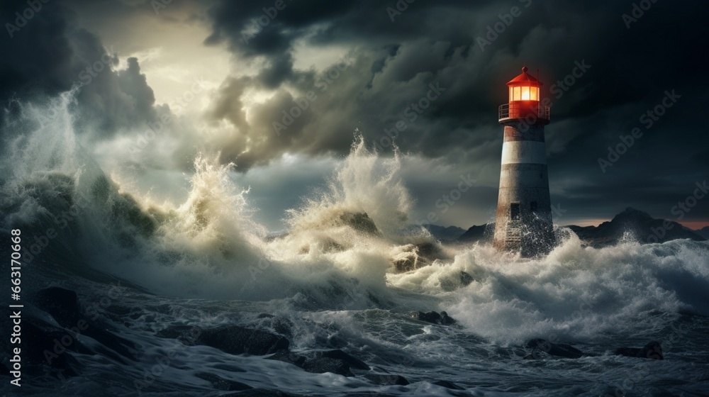 Lighthouse In Stormy Landscape - Leader And Vision Concept. 