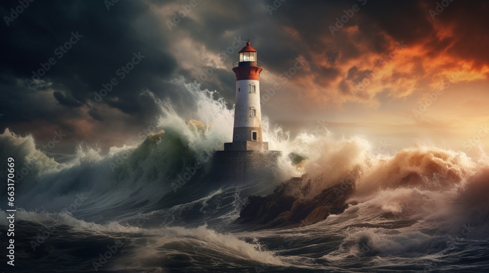 Lighthouse In Stormy Landscape - Leader And Vision Concept,