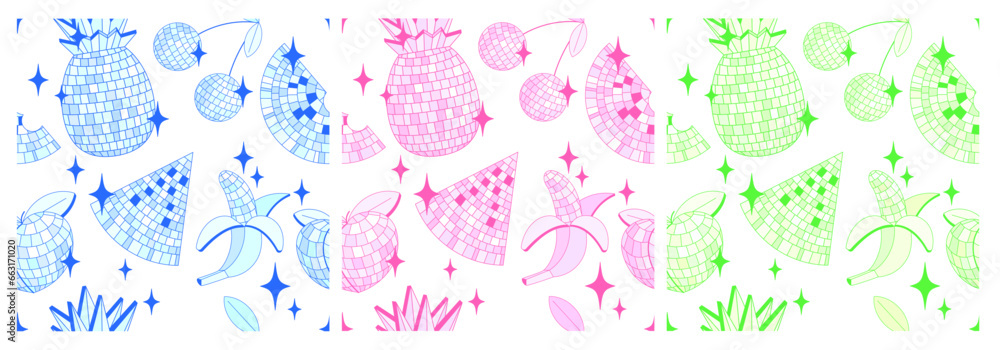 Set of seamless patterns with disco mirror ball fruits in cartoon style on white background. Vector funky illustration.