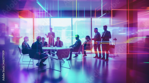 Business people meeting in room with colorful overlay, Modern tech office conference concept | Generative AI