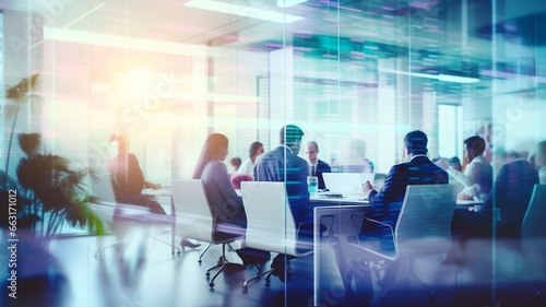 Business people meeting in room with blur overlay, Modern tech office conference concept | Generative AI