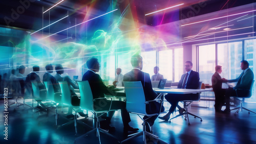 Abstract business meeting room with data visualization hologram, Modern tech office concept | Generative AI