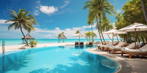 Luxurious swimming pool and loungers umbrellas near beach and sea with palm trees and blue sky © Coosh448