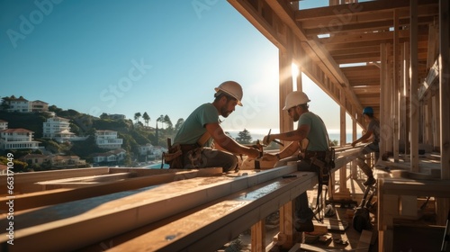 Two construction workers is working on a wood building under construction. photo
