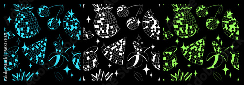 Set of seamless patterns with disco mirror ball fruits in cartoon style on black background. Vector funky illustration.