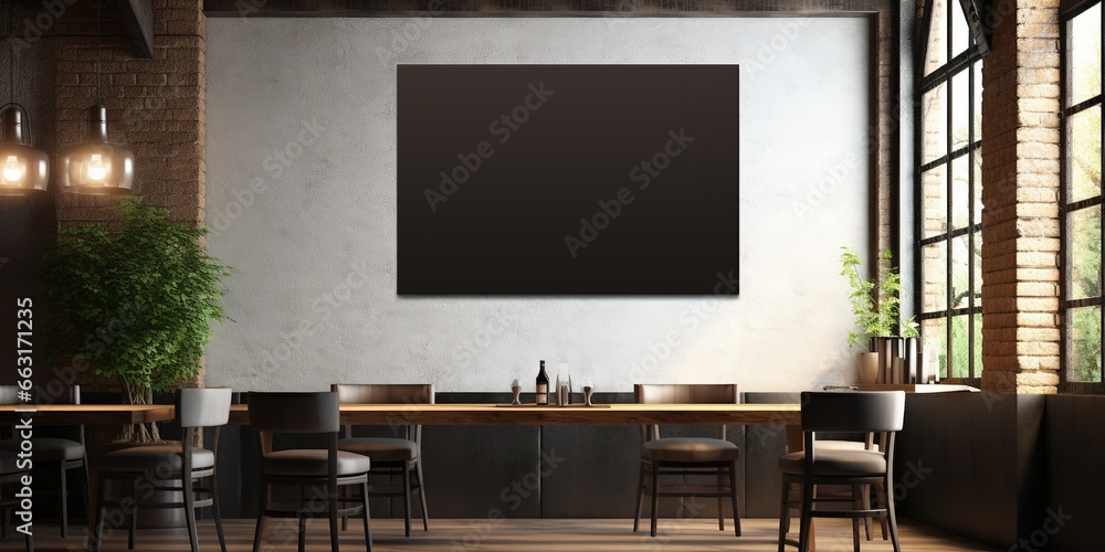 Mockup of vertical empty poster in Loft bar interior Mockup of vertical empty poster in Loft bar interior