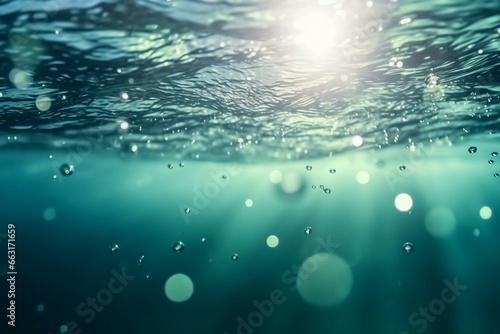 Blurry serene aqua waves with bubbles and splashes. Abstract nature backdrop of tranquil water with sunlit copy space. Generative AI