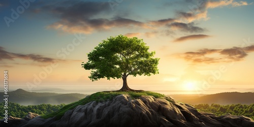 Panorama small tree growing with sunrise. green world and earth day concept © Coosh448