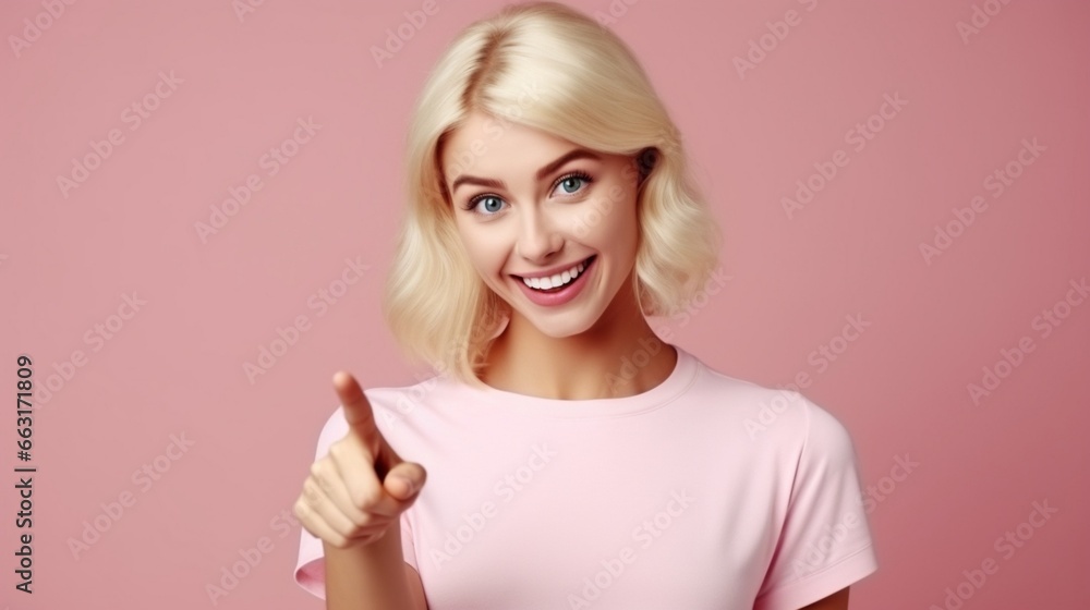 Portrait of emotional pleasant looking female has shining smile indicates with fore finger at blank copy space, advertizes something. Blonde attractive woman shows new product, AI Generated Portrait of emotional pleasant looking female has shining smile indicates with fore finger at blank copy space, advertizes something. Blonde attractive woman shows new product, AI Generated