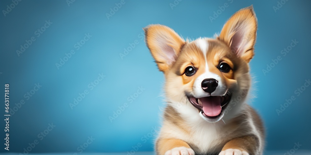 Positive corgi puppy on a blue background with copy space