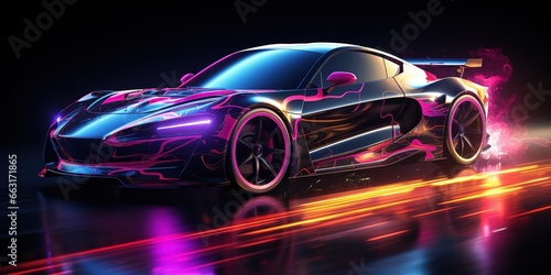 Racing car in a bright neon style on a dark background.
