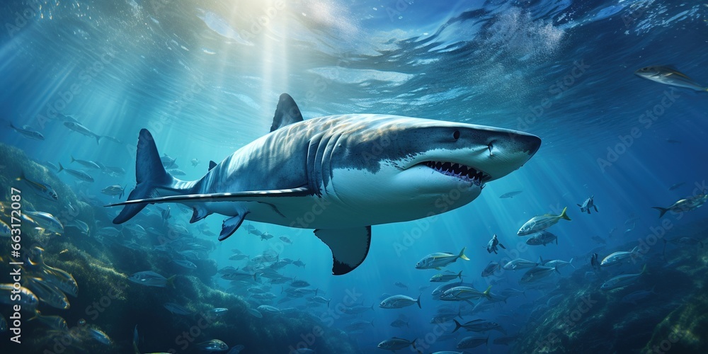 Fototapeta premium Shark swims on the surface of the sea.