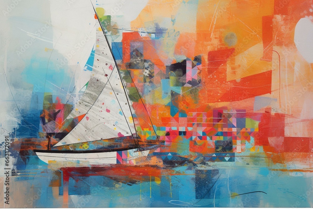 abstract artwork featuring a sailboat. Generative AI - obrazy, fototapety, plakaty 