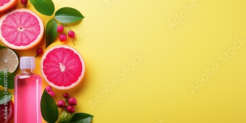 Shampoo bottle with slices of citrus fruits, ice cubes, mint and water drops on a fuchsia background with copy space. Moisturizing cosmetics with natural ingredients.