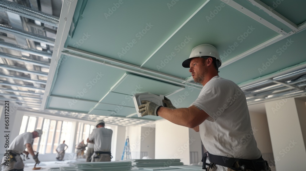 Workers fitting panel into frame of ceiling at home under construction. Workers fitting panel into frame of ceiling at home under construction.