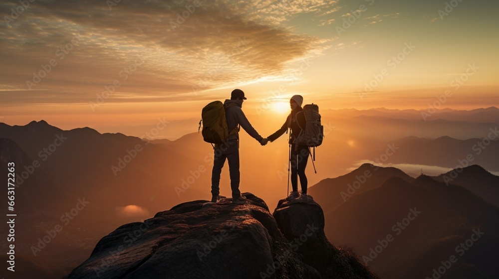 sunrise. Giving a helping hand, and active fit lifestyle concept.Asia couple hiking help each other. 