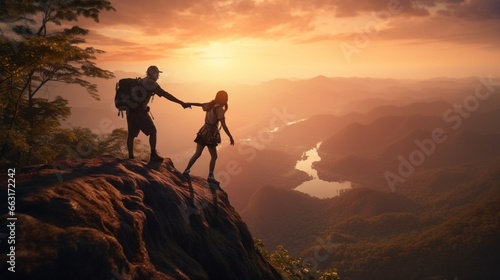 sunrise. Giving a helping hand, and active fit lifestyle concept. Asia couple hiking help each other AI Generated 