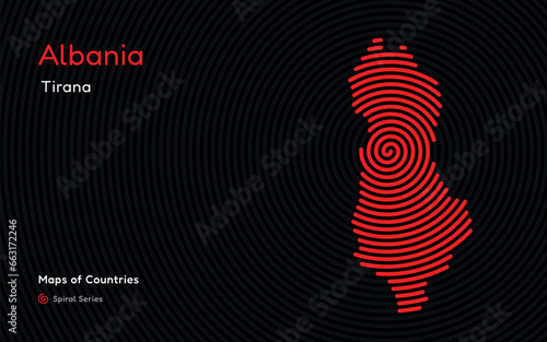 Creative map of Albania. Political map.  Tirana Capital. World Countries vector maps series. Spiral fingerprint series	