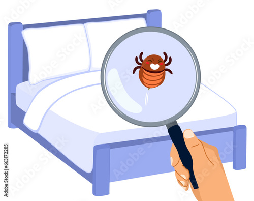 Illustration of bed bugs infestation problem isolated on white background. Hand inspecting a bedding with a magnifying glass