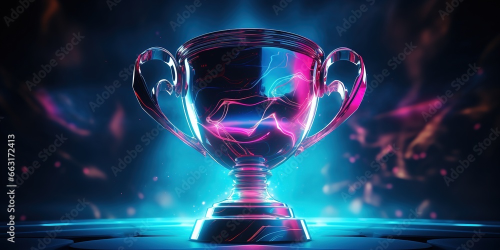 The winner's cup with bright neon illumination on a dark background. - obrazy, fototapety, plakaty 