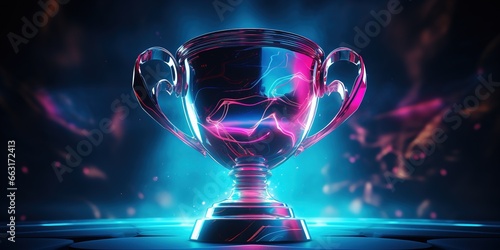 The winner's cup with bright neon illumination on a dark background.