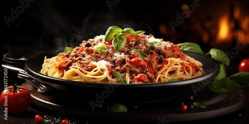 Traditional spaghetti bolognese. Food composition with hot pasta in a black plate with fork on a black textured background with copy space. Mediterranean  Italian food  simple dish