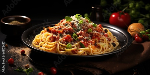 Traditional spaghetti bolognese. Food composition with hot pasta in a black plate with fork on a black textured background with copy space. Mediterranean, Italian food, simple dish