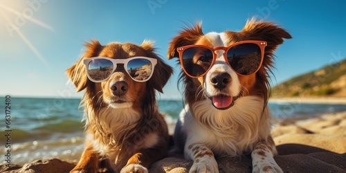 Two dogs are taking selfies on a beach earing sunglasses, sunny day with blue water.