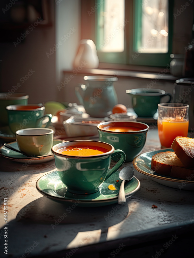Vintage cups with tea and coffee, with toasts, in the green retro kitchen, sunny morning breakfast at home
